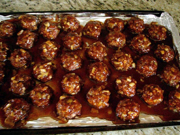 Easy BBQ Meatballs on a cooking tray