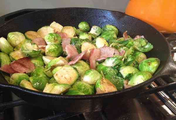 brussel sprouts cooking in the pan